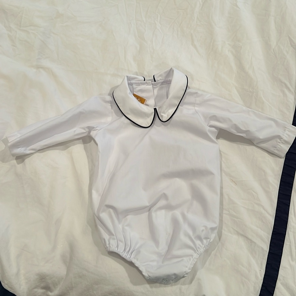 The Beaufort bonnet Peter Pan navy blue trim long sleeve 0-6months top